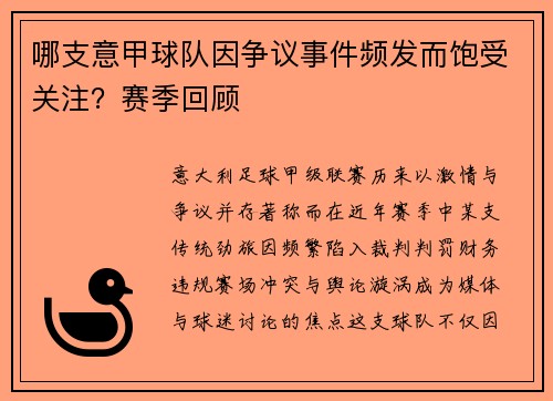 哪支意甲球队因争议事件频发而饱受关注？赛季回顾