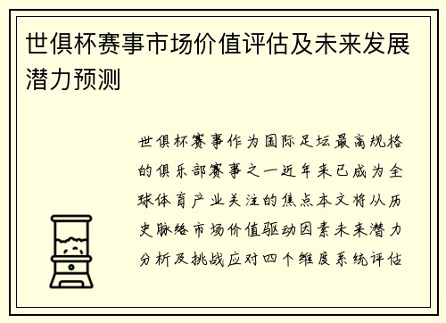 世俱杯赛事市场价值评估及未来发展潜力预测
